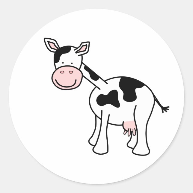 Sticker Rond Caricature de vache noire et blanche. (Devant)