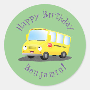 Sticker Rond Caricature du bus scolaire jaune joyeux