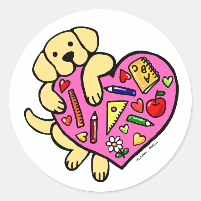 Sticker Rond Caricature du coeur du Labrador jaune et de l'ense (Devant)