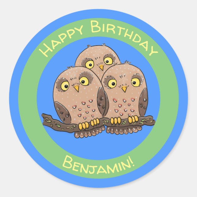 Sticker Rond Caricature en trio de chouette (Devant)