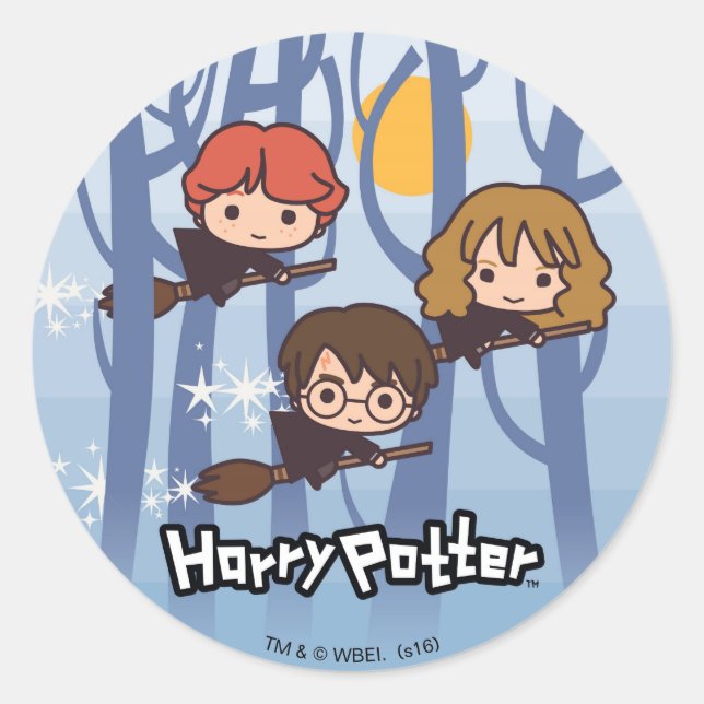 Sticker Rond Caricature Harry, Ron, & Hermione Voler Dans Woods (Devant)