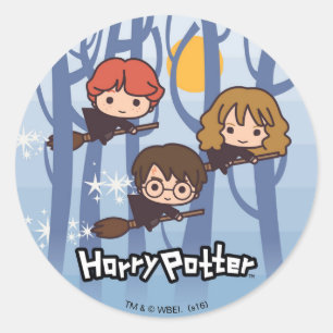 Sticker Rond Caricature Harry, Ron, & Hermione Voler Dans Woods