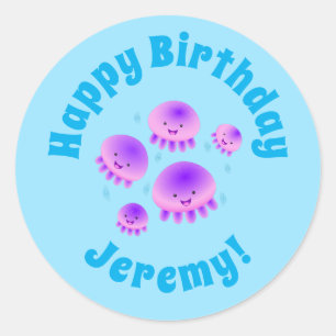 Sticker Rond Caricature kawaii de méduse violette rose mou