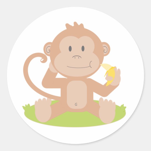 Sticker Rond Caricature mignonne Singe assis et manger Banane (Devant)