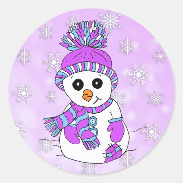 Sticker Rond Caricature mignonne Violet Snowman Flocon de neige (Devant)