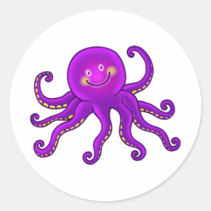 Sticker Rond Caricature mûre Aquatique Purple Octopus Océan A