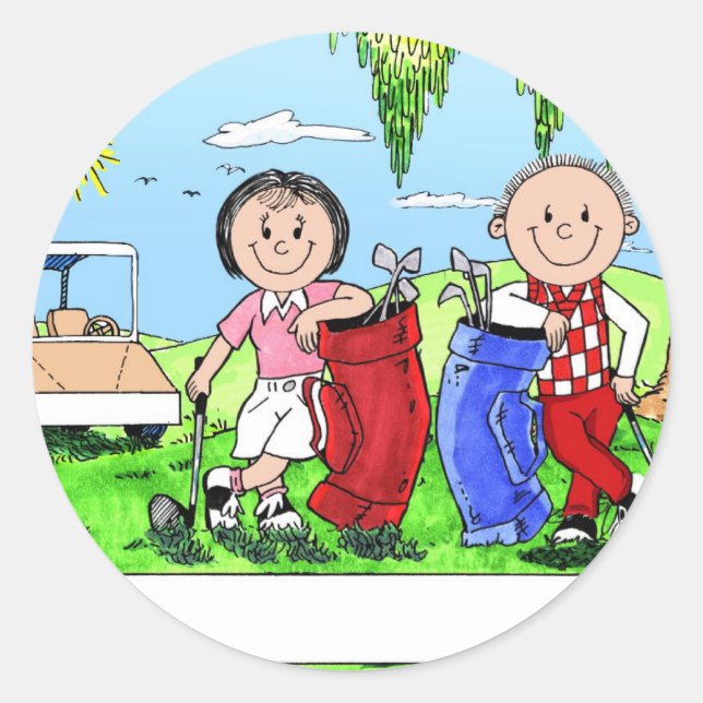 Sticker Rond Caricature personnalisée en couple de golf (Devant)