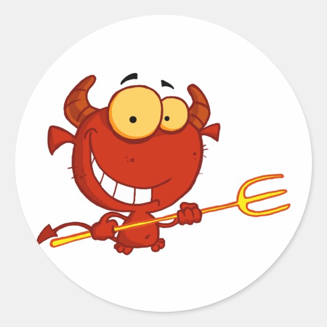 Sticker Rond Caricature Petit Diable Avec Pitchfork (Devant)