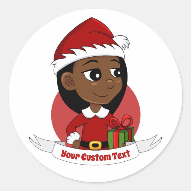 Sticker Rond Caricature pour les filles de Noël afro-américaine (Devant)