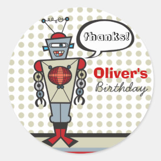 Sticker Rond Caricature Robot Rétro Cute Kids Boy Fête d'annive