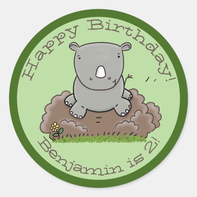Sticker Rond Caricature vert de rhinocéros mignon (Devant)