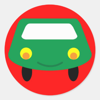 Sticker Rond Caricature verte souriante voiture rouge autocolla