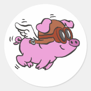 Sticker Rond Caricature volante de cochon rose   choisir la cou