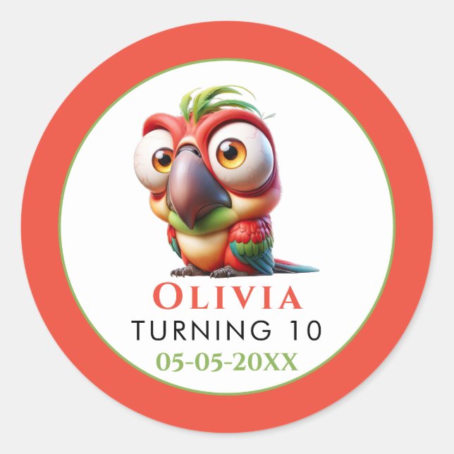 Sticker Rond Caricatures de perroquets magiques 1er anniversair (Devant)