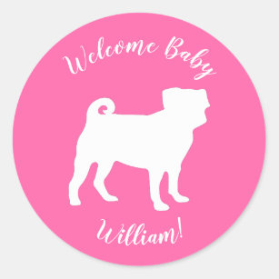 Sticker Rond Carlin chien Baby shower rose chiot fille