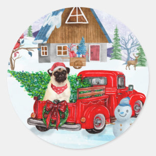 Sticker Rond Carlin Chien dans la livraison de Noël Camion neig