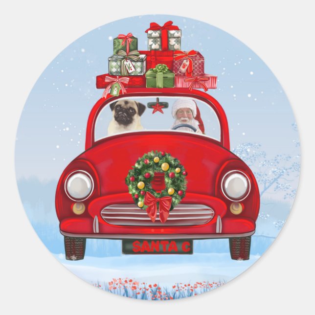 Sticker Rond Carlin Chien En Voiture Avec Le Père Noël (Devant)
