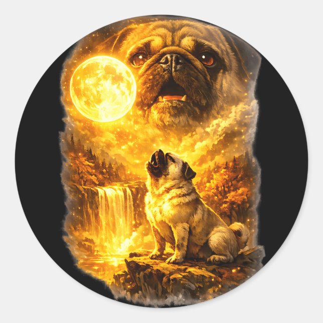 Sticker Rond Carlin hurle à la lune forêt épique fantastique  (Devant)