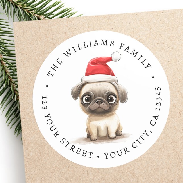 Sticker Rond Carlin mignon dans l'illustration du chapeau de Sa (Cute pug in Santa hat illustration return address Classic Round Sticker)