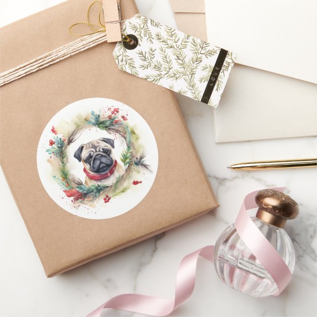 Sticker Rond Carlin Noël Wreath Festive Pup (Cadeaux)