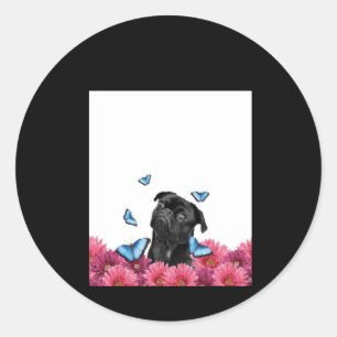 Sticker Rond Carlin Noir Avec Papillons Bleus Et Gerberas