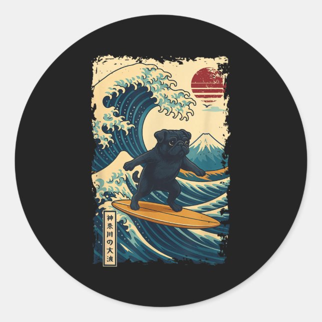 Sticker Rond Carlin noir Japonais Kanagawa Wave Surf Japon Mama (Devant)