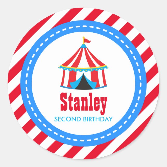 Sticker Rond Carnaval de cirque bleu rouge Baby shower d'annive (Devant)