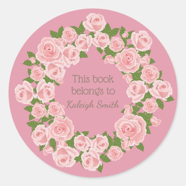 Sticker Rond Carré rose fleurie sur rose Nom du livre Plaque (Devant)