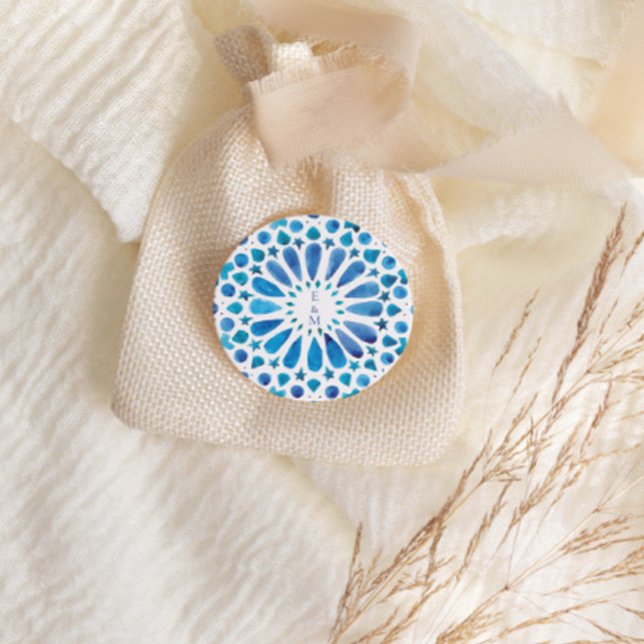 Sticker Rond Carreau de Méditerranée Bleu Monogramme (Créateur téléchargé)