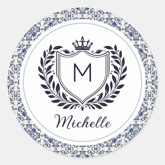 Sticker Rond Carreaux Azulejos Modernes Portugais Bleu Monogram (Devant)