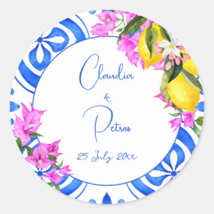 Sticker Rond Carreaux bleus Bougainvillea citrons mariage éléga