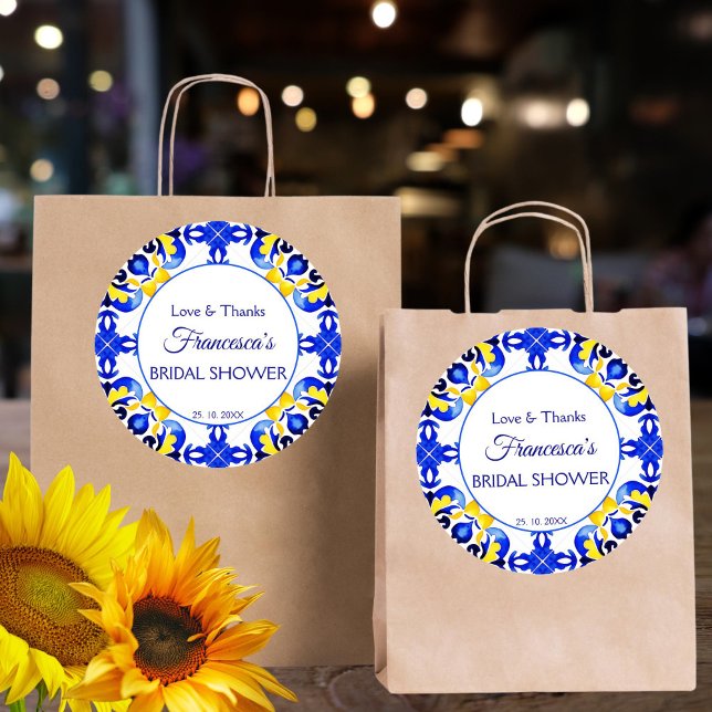 Sticker Rond Carreaux bleus de Talavera azulejo, cadeau pour un (Talavera azulejo blue yellow tiles bridal shower thank you favor sticker bridal shower favors)