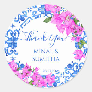 Sticker Rond Carreaux bleus et bougainvillée élégant merci