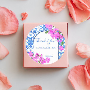 Sticker Rond Carreaux bleus et Bougainvilliers élégant merci