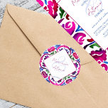Sticker Rond Carreaux de carreaux de mariage de Talavera mexica<br><div class="desc">Magenta rose bleu Majolica Mexicaine Talavera Espagnol vignettes de mariage collants de mariée et noms de mariés autocollants. Carreaux d'aquarelle moderne rose et bleu couleurs traditionnelles motifs folkloriques.</div>