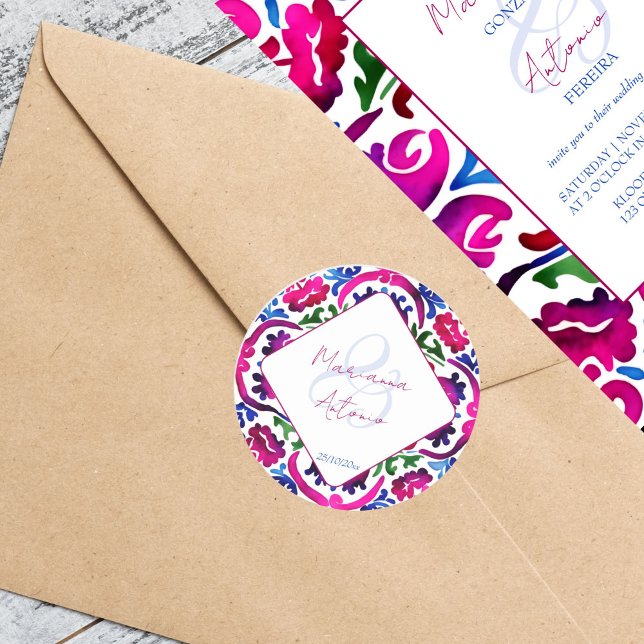 Sticker Rond Carreaux de carreaux de mariage de Talavera mexica (Pink blue Mexican Talavera tiles wedding template Stickers bride and groom names stickers)