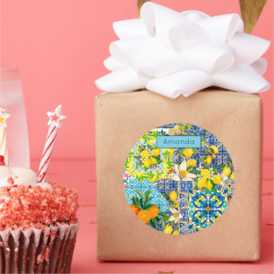 Sticker Rond Carreaux fleuris d'agrumes siciliens bleu chic