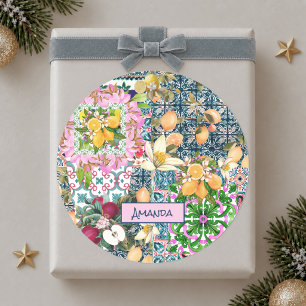 Sticker Rond Carreaux floraux de citrons siciliens bleus chic r