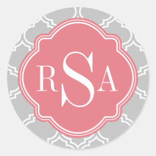 Sticker Rond Carreaux gris Motif Monogramme rose