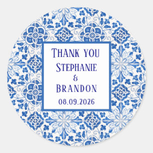Sticker Rond Carreaux portugais Mariage méditerranéen bleu
