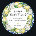 Sticker Rond Carrelage bleu Lemon Bridal Brunch<br><div class="desc">Conçu pour s'harmoniser avec la collection de citron de Jenny, cet autocollant nuptial à lunchon présente une couronne jaune citron et une couronne blanche à fleurs. Un soupçon de carreaux bleus autour du bord de l'autocollant rond. Le nom de la mariée et le déjeuner de la mariée sont écrits dans...</div>