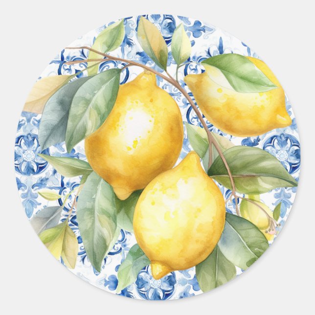 Sticker Rond Carrelage et citrons d'aquarelle italien bleu et b (Devant)