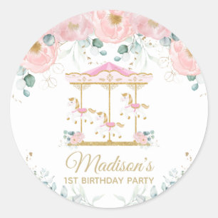 Sticker Rond Carrousel rose Floral Joyeux Partir rond Anniversa