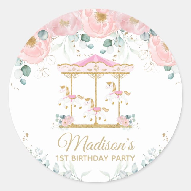 Sticker Rond Carrousel rose Floral Joyeux Partir rond Anniversa (Devant)
