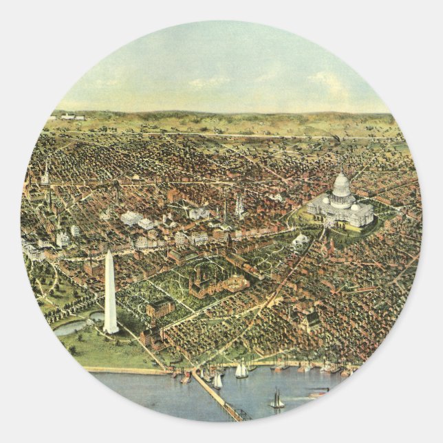 Sticker Rond Carte ancienne avec vue panoramique sur Washington (Devant)