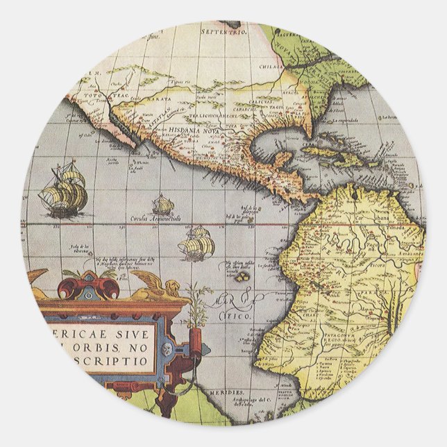 Sticker Rond Carte antique du monde Les Amériques par Abraham O (Devant)