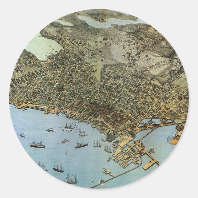 Sticker Rond Carte antique Vue aérienne Ville de Seattle Washin (Devant)