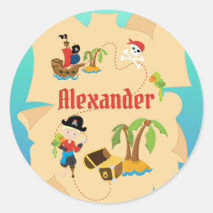 Sticker Rond Carte au trésor personnalisée d'un garçon pirate a