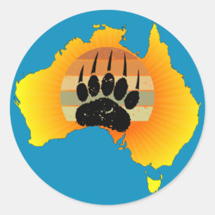 Sticker Rond Carte Australie Sunny Ours Avec Sunset Rétro