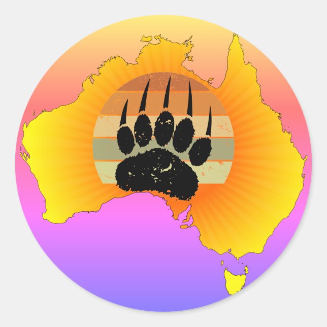 Sticker Rond Carte Australie Sunny Ours Avec Sunset Rétro (Devant)